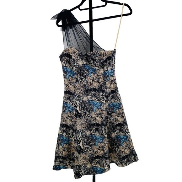Plenty by Tracy Reese Size 2 Into the Woods Silk Dress Blue Black One Shoulder - Picture 4 of 9